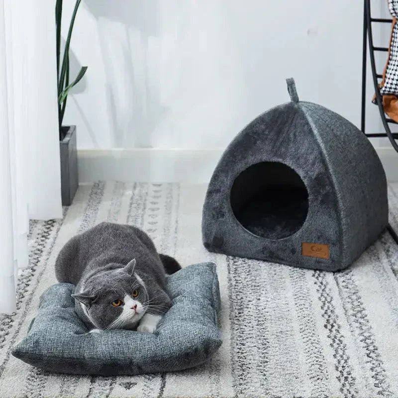 Chat couché dans une cabane à chat confortable, facile à nettoyer, parfait pour se détendre