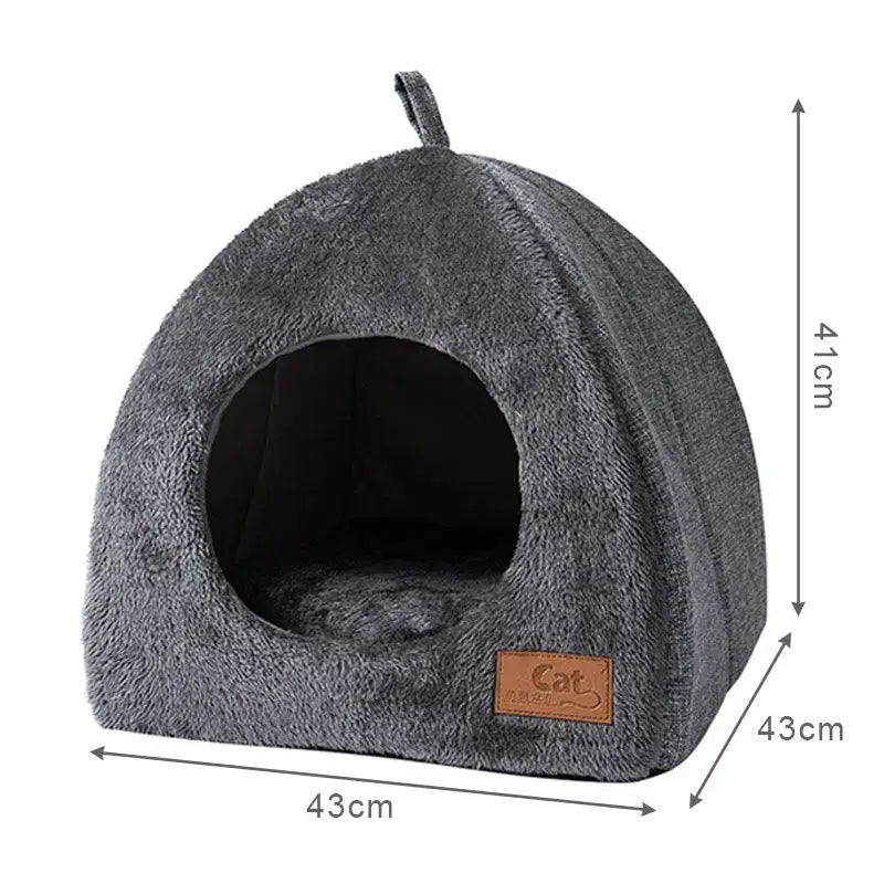 Cabane à chat douillette : Maison de chat grise avec étiquette en cuir marron facile à nettoyer pour votre ami félin