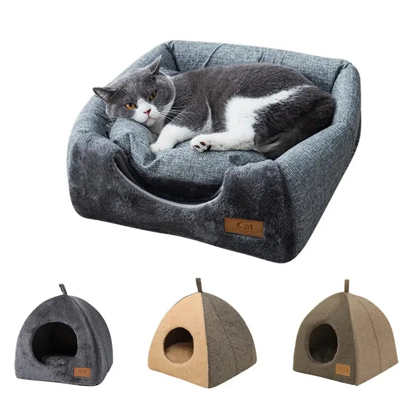 Cabane à chat douillette : Lit confortable pour chat à nettoyer facilement avec un chat endormi à l’intérieur