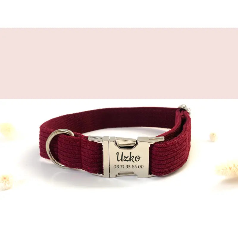 Collier Chien Personnalisé Velours Côtelé Bordeaux