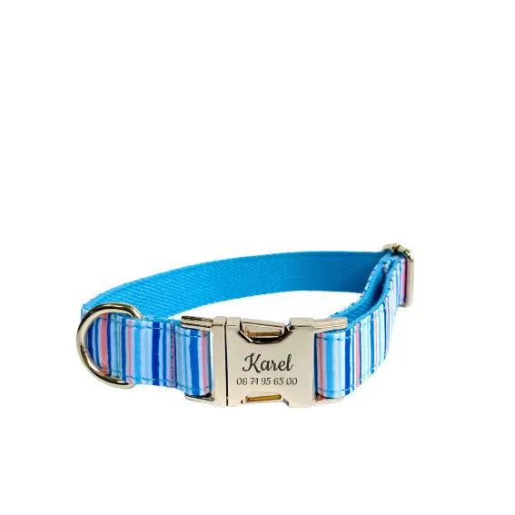 Collier Chien Personnalisé Coton Rayé Bleu Ciel Transparent Background