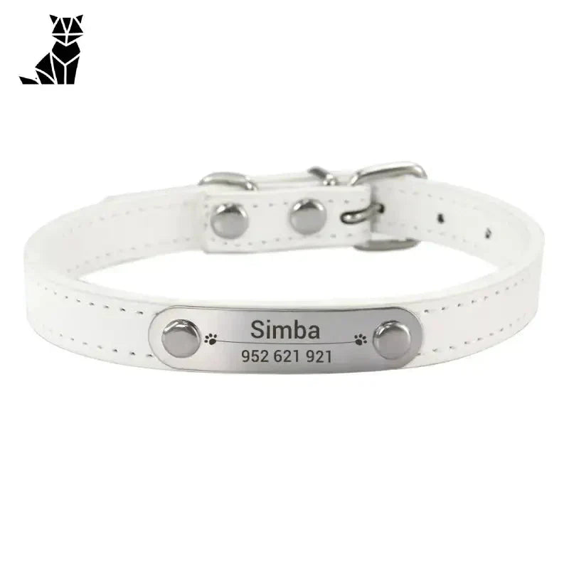 Collier pour chien en cuir souple blanc avec nom gravé, texture douce, collier en cuir personnalisable