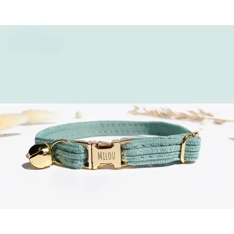 Collier Chat Personnalisé Velours Côtelé Bleu Ciel