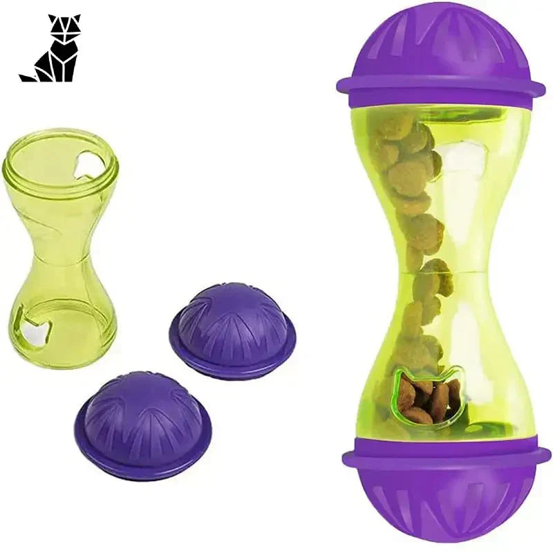 Distributeur interactif de nourriture pour chats avec mixeur en plastique violet et vert et trois couvercles