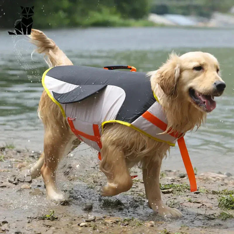 Chien portant un gilet de sauvetage pour requins, courant dans la rivière, mettant en valeur le design et la flottabilité