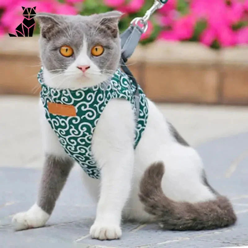 Chat dans un bandana à motifs verts et blancs, harnais à fleurs en polyester et coton