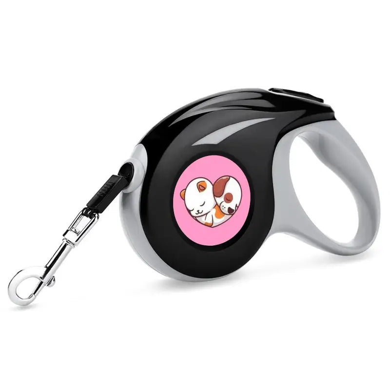 Laisse automatique rétractable noire avec chien rose et blanc, modèle personnalisé