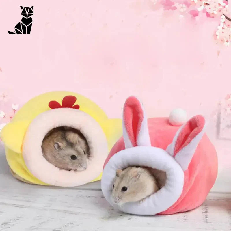 Deux petits hamsters dans un costume lapin, dans le Cozy Cotton House espace privé pour animal